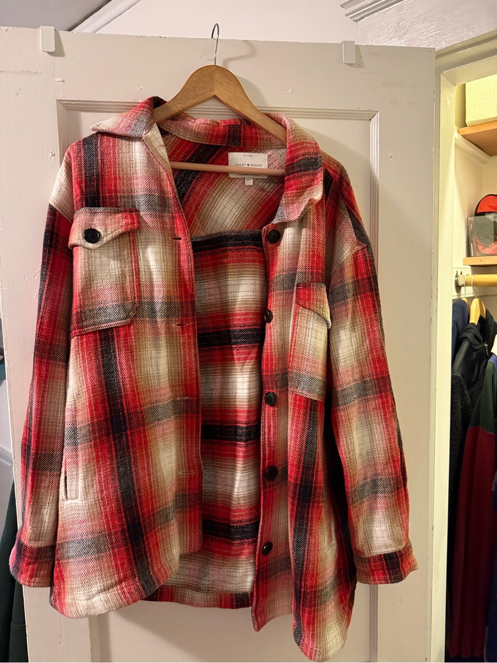 Lucky Brand Red Plaid Button-Up Shacket with pockets